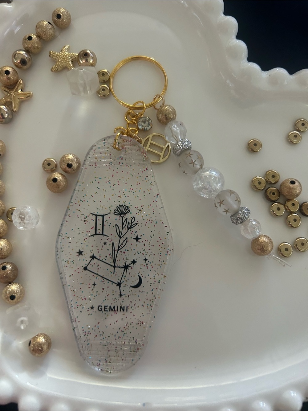 Gemini Zodiac Acrylic Keychain with Gold Accents